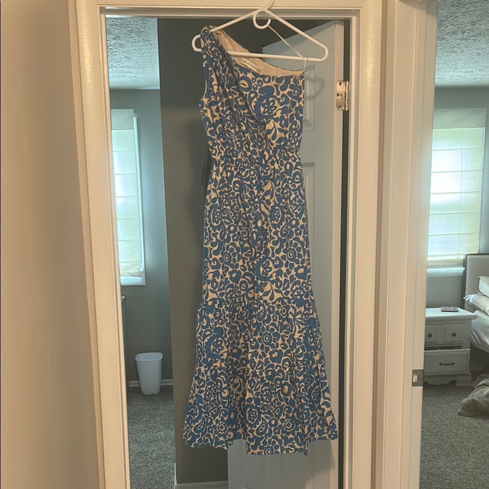English Factory Blue and Cream One Shoulder Dress